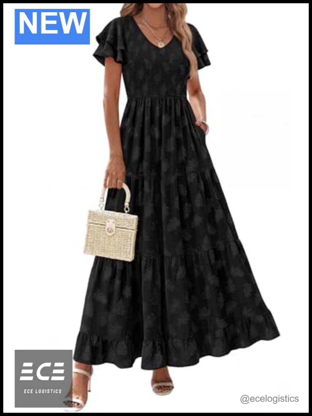 Women's Maxi Dress Ruffle Sleeve V Neck Smocked A-Line Tiered Floral Boho